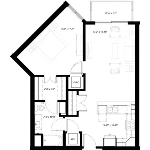 Floor plan for 1 bed, 1 bath, 831 sqft